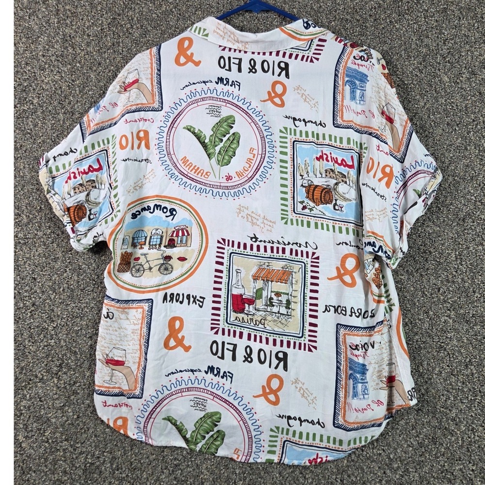 Sunburst Kiss Button Down Womens Large White Travel Novelty Print Rayon Shirt - Picture 2 of 7